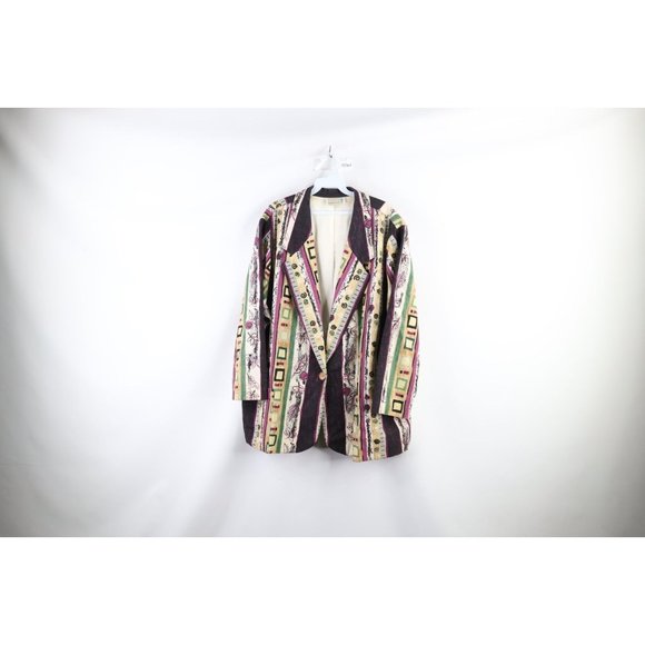 Vintage Jackets & Blazers - Vintage 90s Lagenlook 2XL Flax Linen Blend Abstract Button Blazer Jacket USA